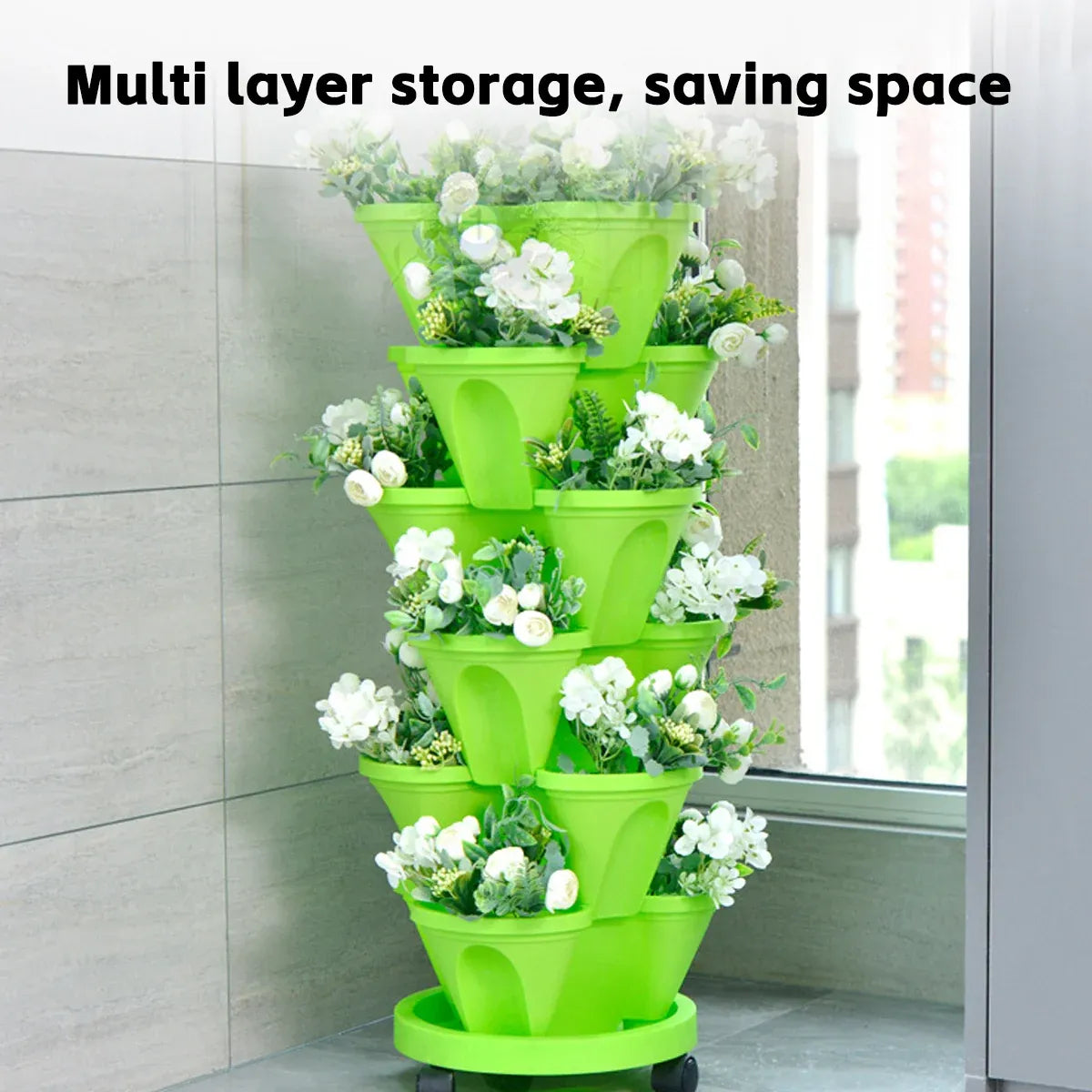 4-Petal Stackable Strawberry Planter with Wheeled Base – 5 Tiers, Beige
