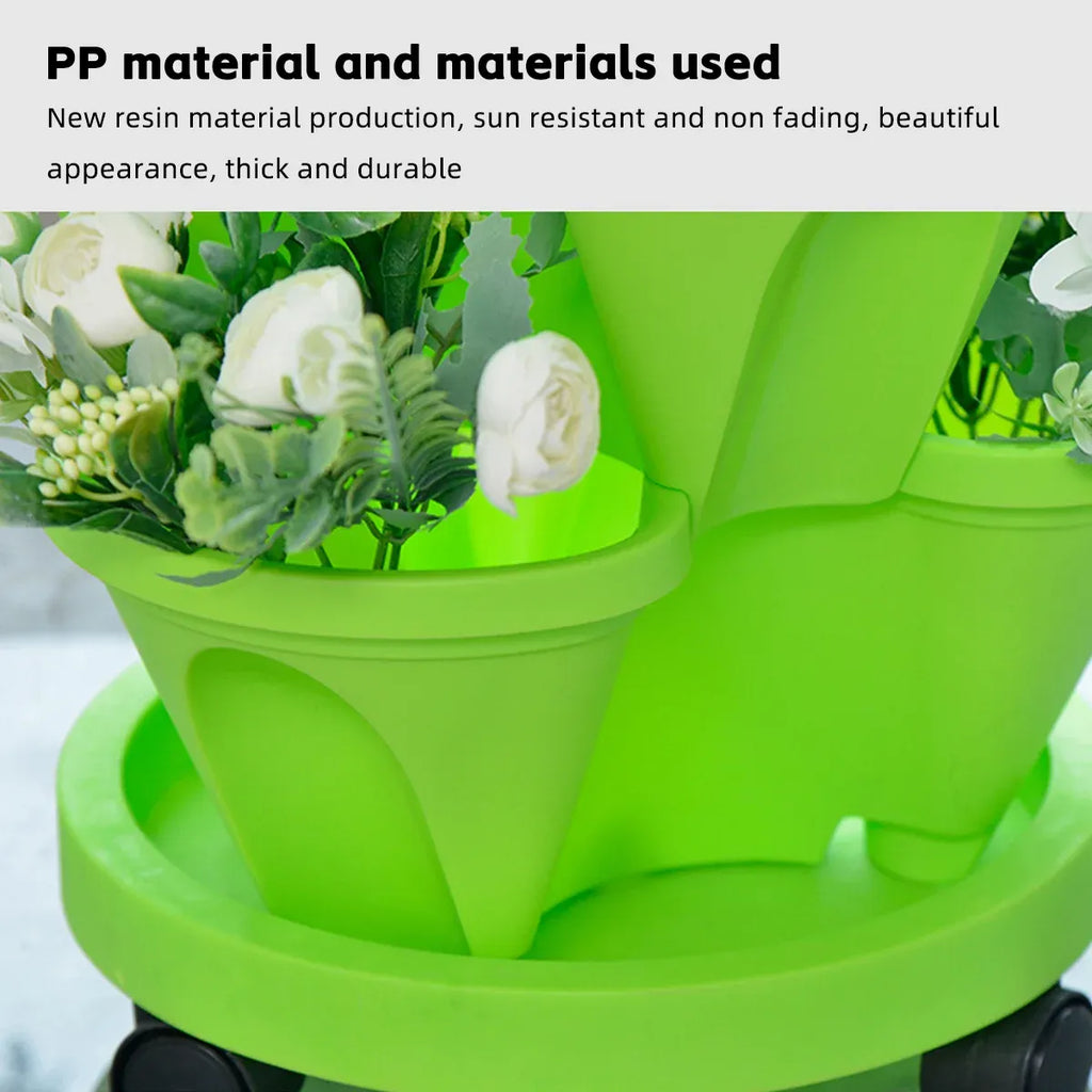 4-Petal Stackable Strawberry Planter with Wheeled Base – 5 Tiers, Beige
