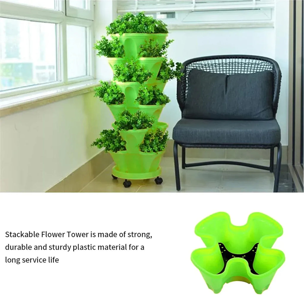 4-Petal Stackable Strawberry Planter with Wheeled Base – 5 Tiers, Beige