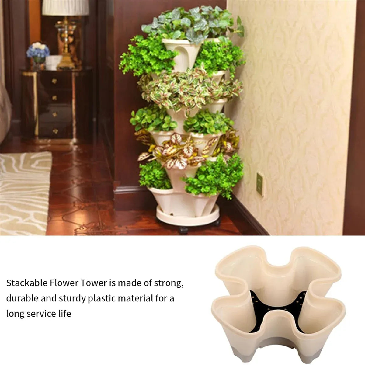 4-Petal Stackable Strawberry Planter with Wheeled Base – 5 Tiers, Beige