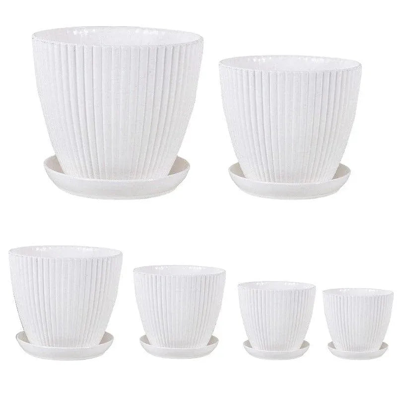 Striped Plastic Plant Pots with Saucers, 9–19 cm – Set of 6, White
