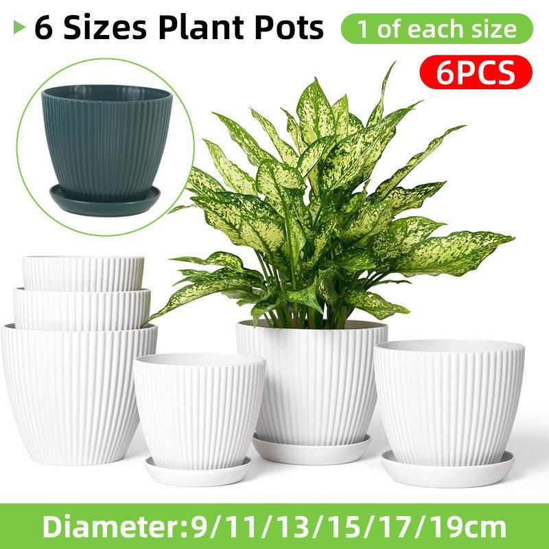 Striped Plastic Plant Pots with Saucers, 9–19 cm – Set of 6, White