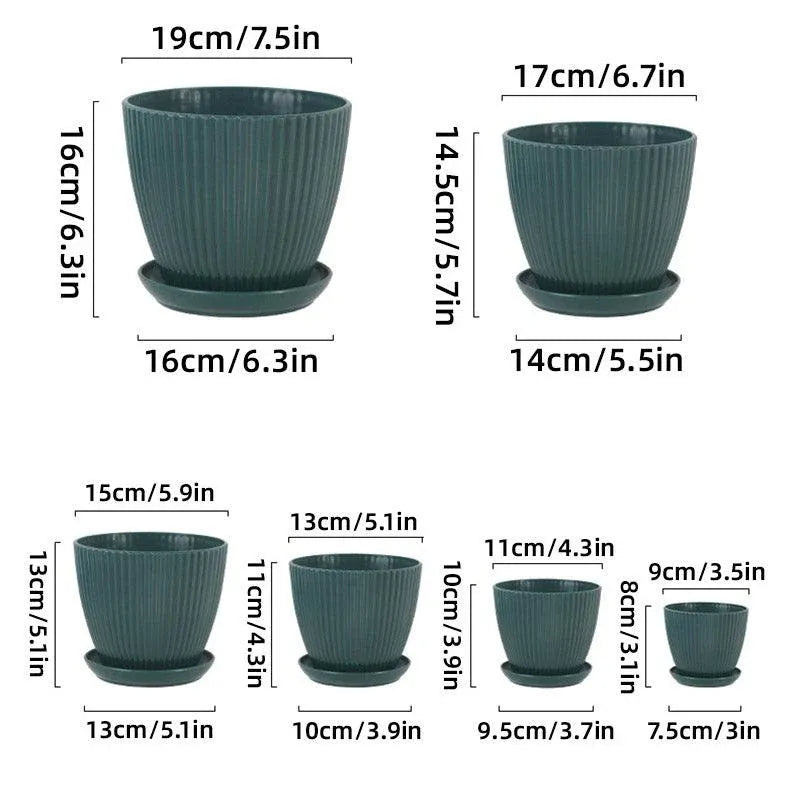 Striped Plastic Plant Pots with Saucers, 9–19 cm – Set of 6, White