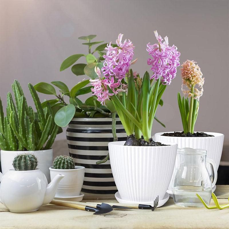Striped Plastic Plant Pots with Saucers, 9–19 cm – Set of 6, White