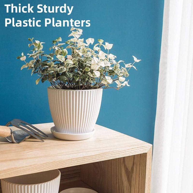 Striped Plastic Plant Pots with Saucers, 9–19 cm – Set of 6, White