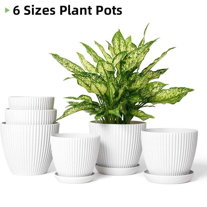 Striped Plastic Plant Pots with Saucers, 9–19 cm – Set of 6, White