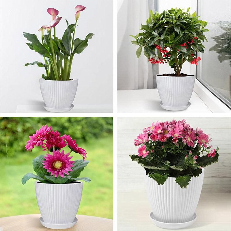 Striped Plastic Plant Pots with Saucers, 9–19 cm – Set of 6, White