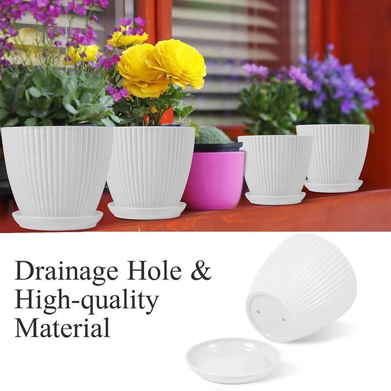 Striped Plastic Plant Pots with Saucers, 9–19 cm – Set of 6, White