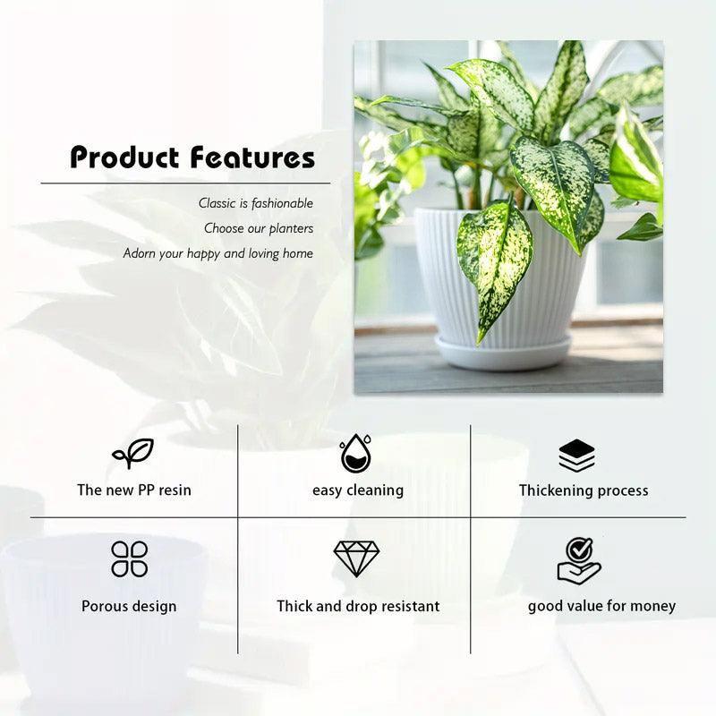 Striped Plastic Plant Pots with Saucers, 9–19 cm – Set of 6, White