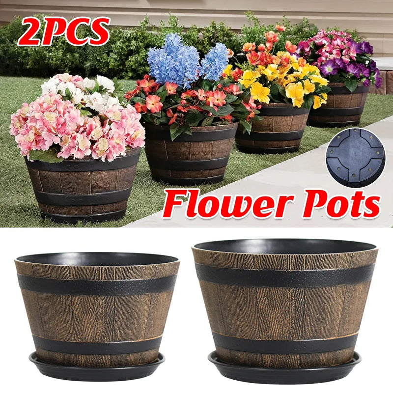 Barrel-Look Plastic Planters with Saucers – 2 Pack