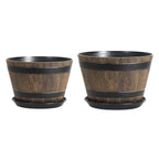 Barrel-Look Plastic Planters with Saucers – 2 Pack