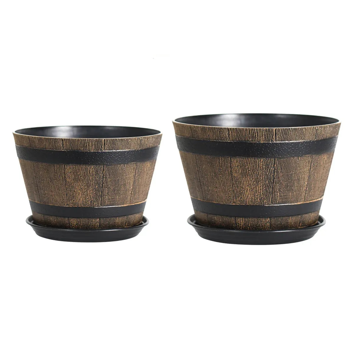 Barrel-Look Plastic Planters with Saucers – 2 Pack