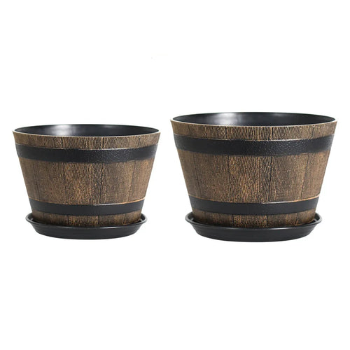 2PCS Wooden Barrel Style Plastic Flower Pots Anti Slip for Garden