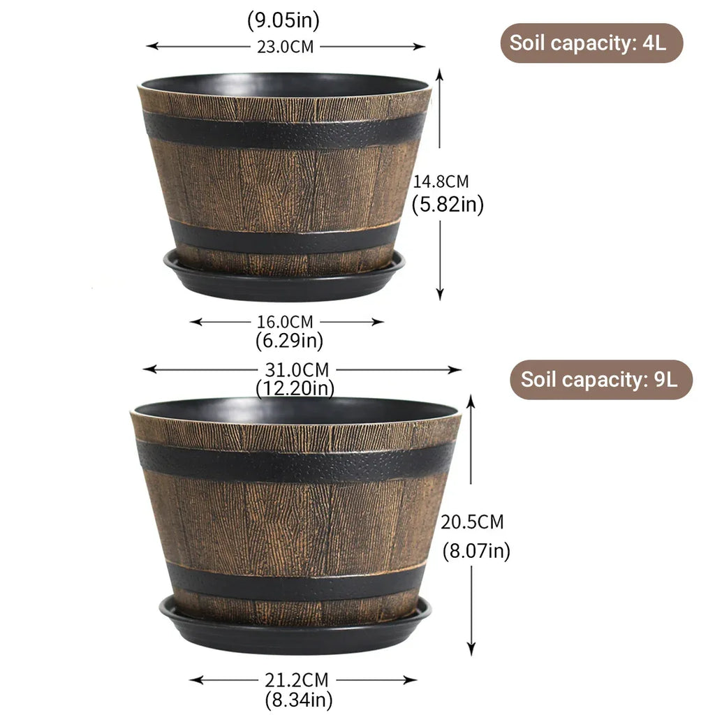 Barrel-Look Plastic Planters with Saucers – 2 Pack
