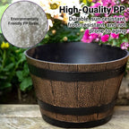 Barrel-Look Plastic Planters with Saucers – 2 Pack