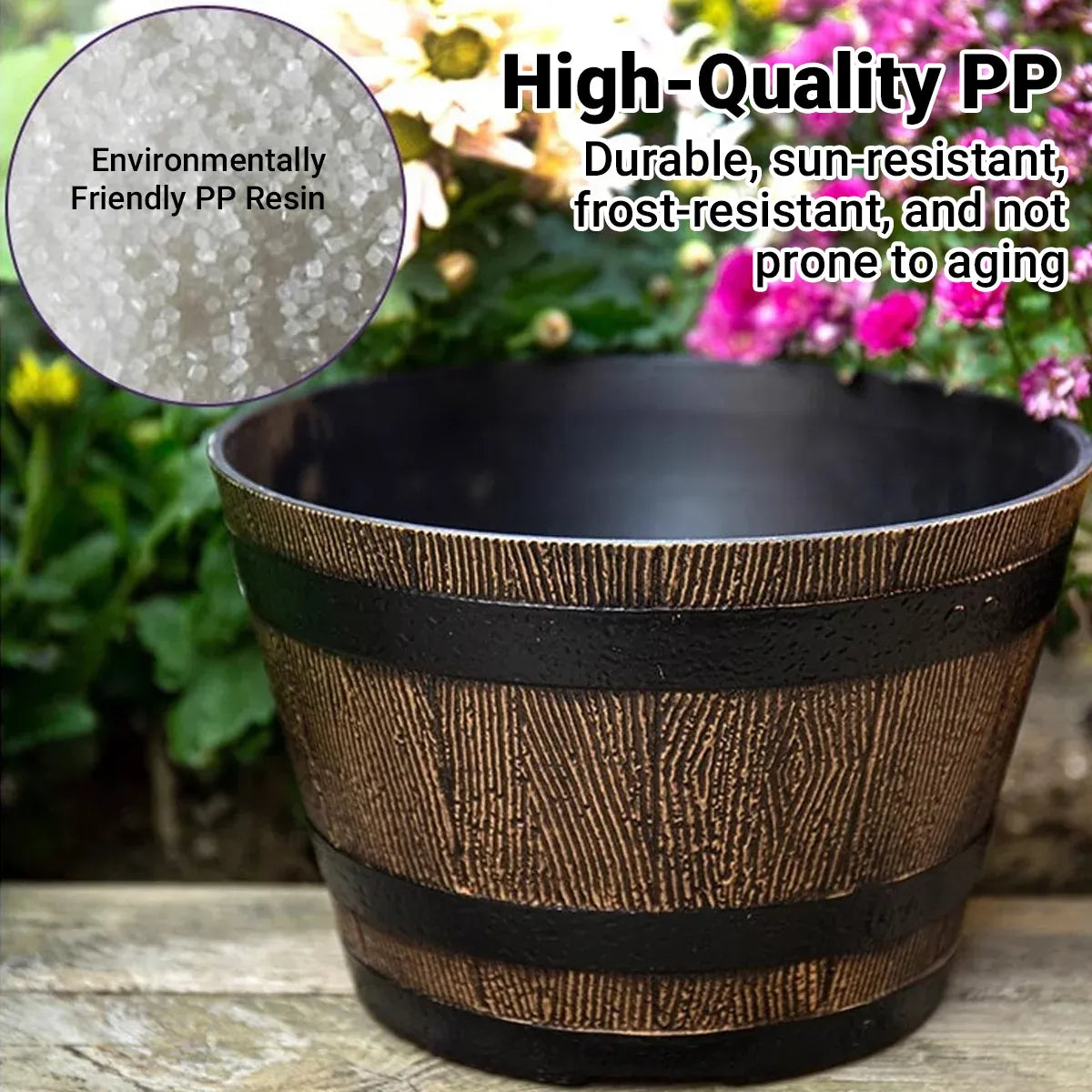 Barrel-Look Plastic Planters with Saucers – 2 Pack