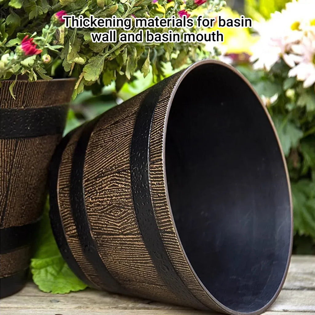 Barrel-Look Plastic Planters with Saucers – 2 Pack