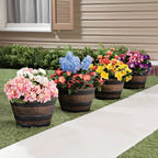 Barrel-Look Plastic Planters with Saucers – 2 Pack