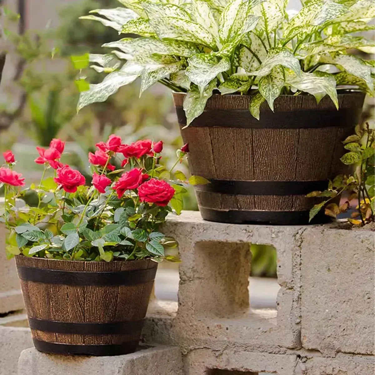 Barrel-Look Plastic Planters with Saucers – 2 Pack