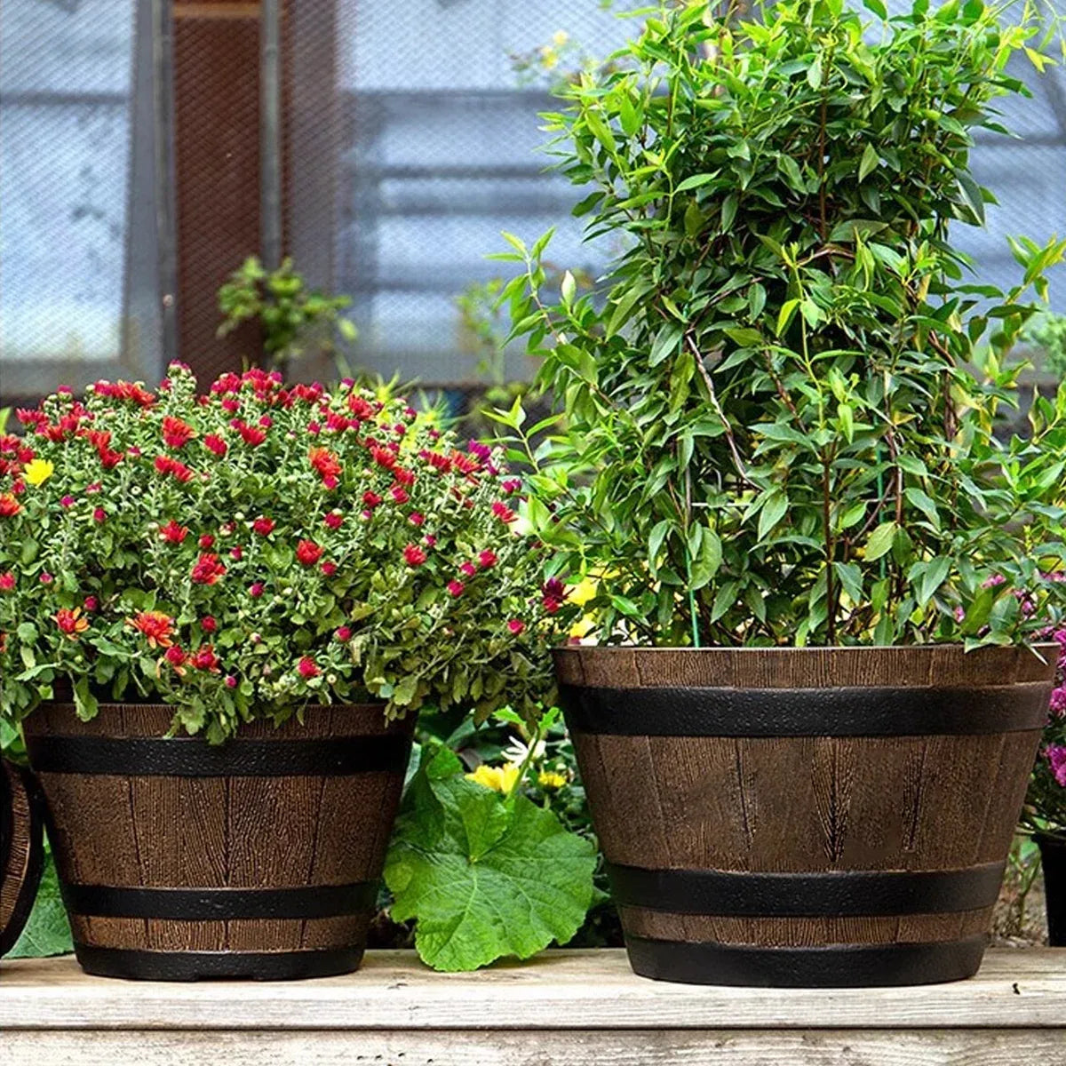 Barrel-Look Plastic Planters with Saucers – 2 Pack