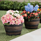 Barrel-Look Plastic Planters with Saucers – 2 Pack