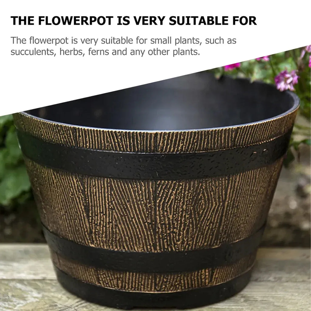 Barrel-Look Plastic Planters with Saucers – 2 Pack