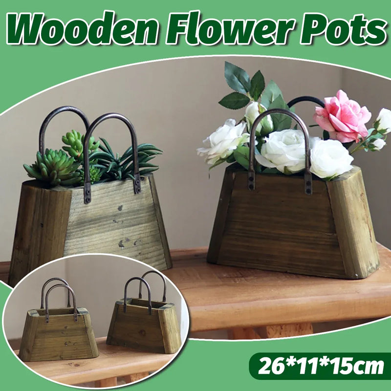 Handbag-Shaped Wooden Planter with Metal Handles, 26 cm