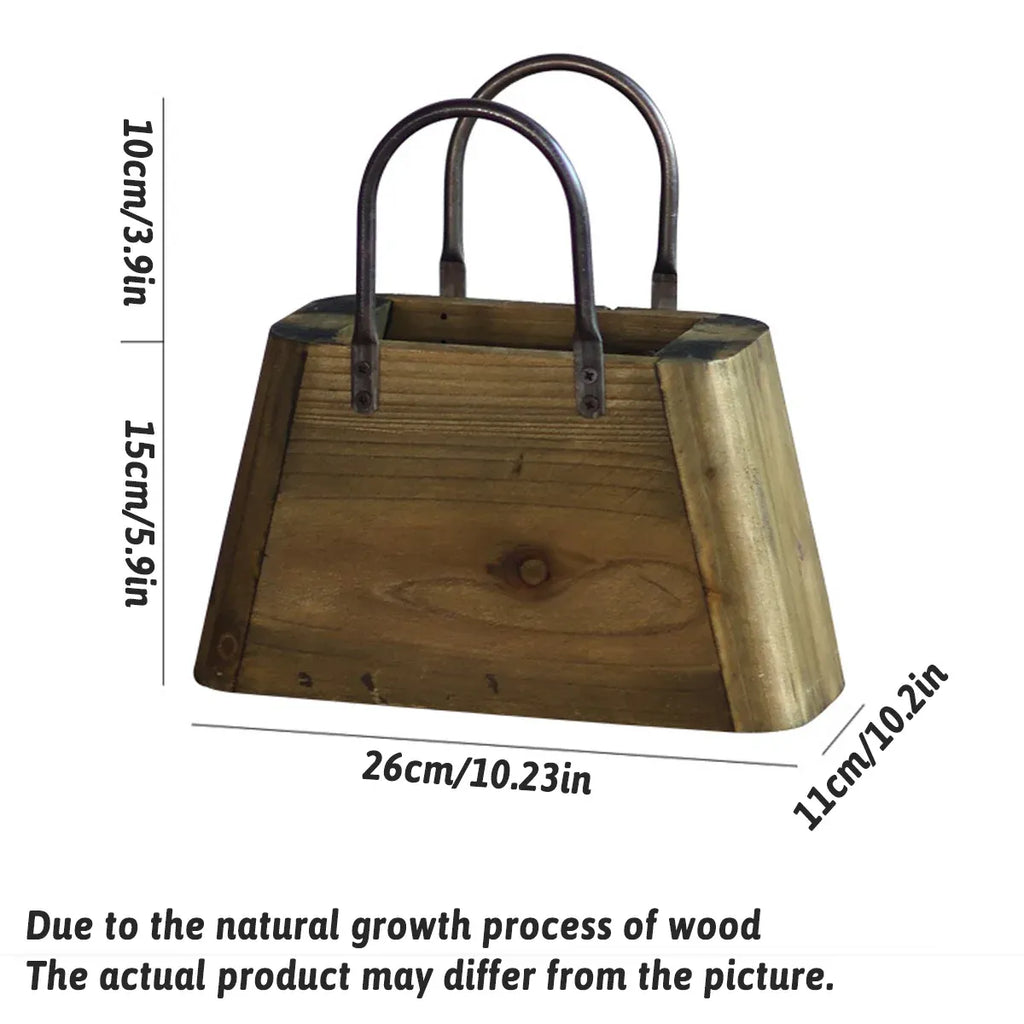 Handbag-Shaped Wooden Planter with Metal Handles, 26 cm