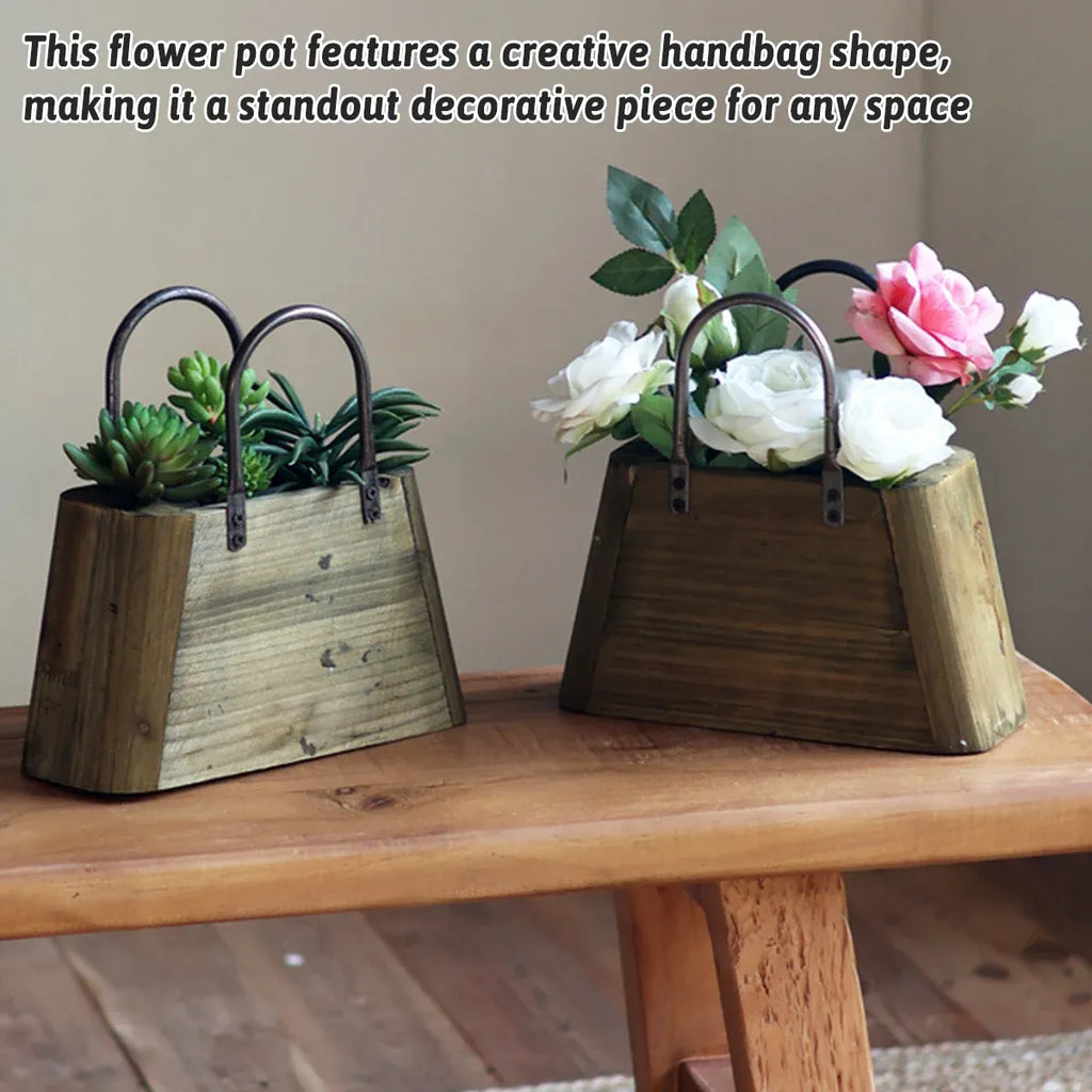 Handbag-Shaped Wooden Planter with Metal Handles, 26 cm