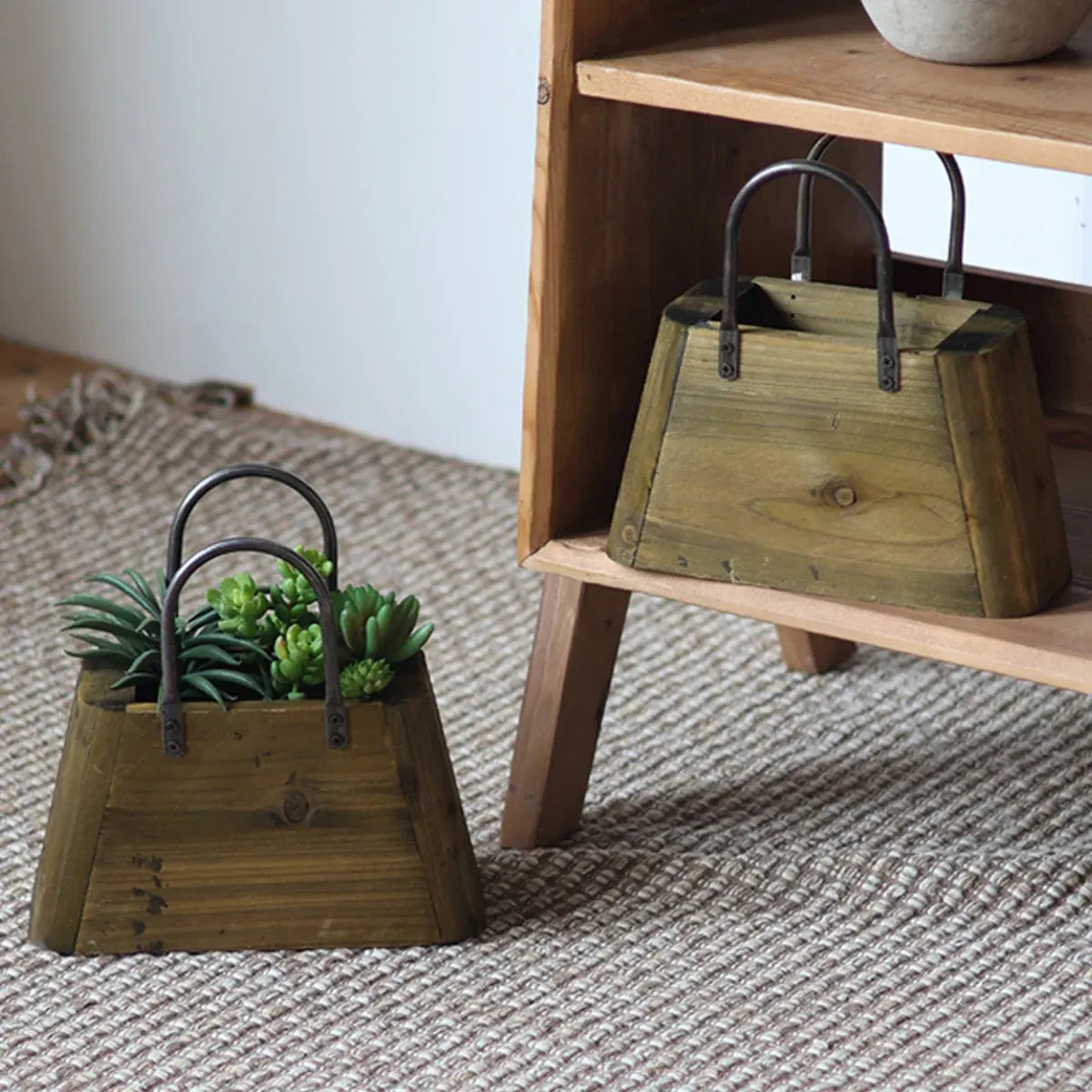 Handbag-Shaped Wooden Planter with Metal Handles, 26 cm