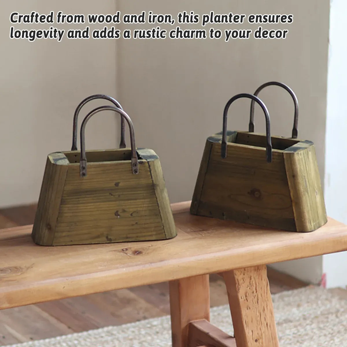 Handbag-Shaped Wooden Planter with Metal Handles, 26 cm