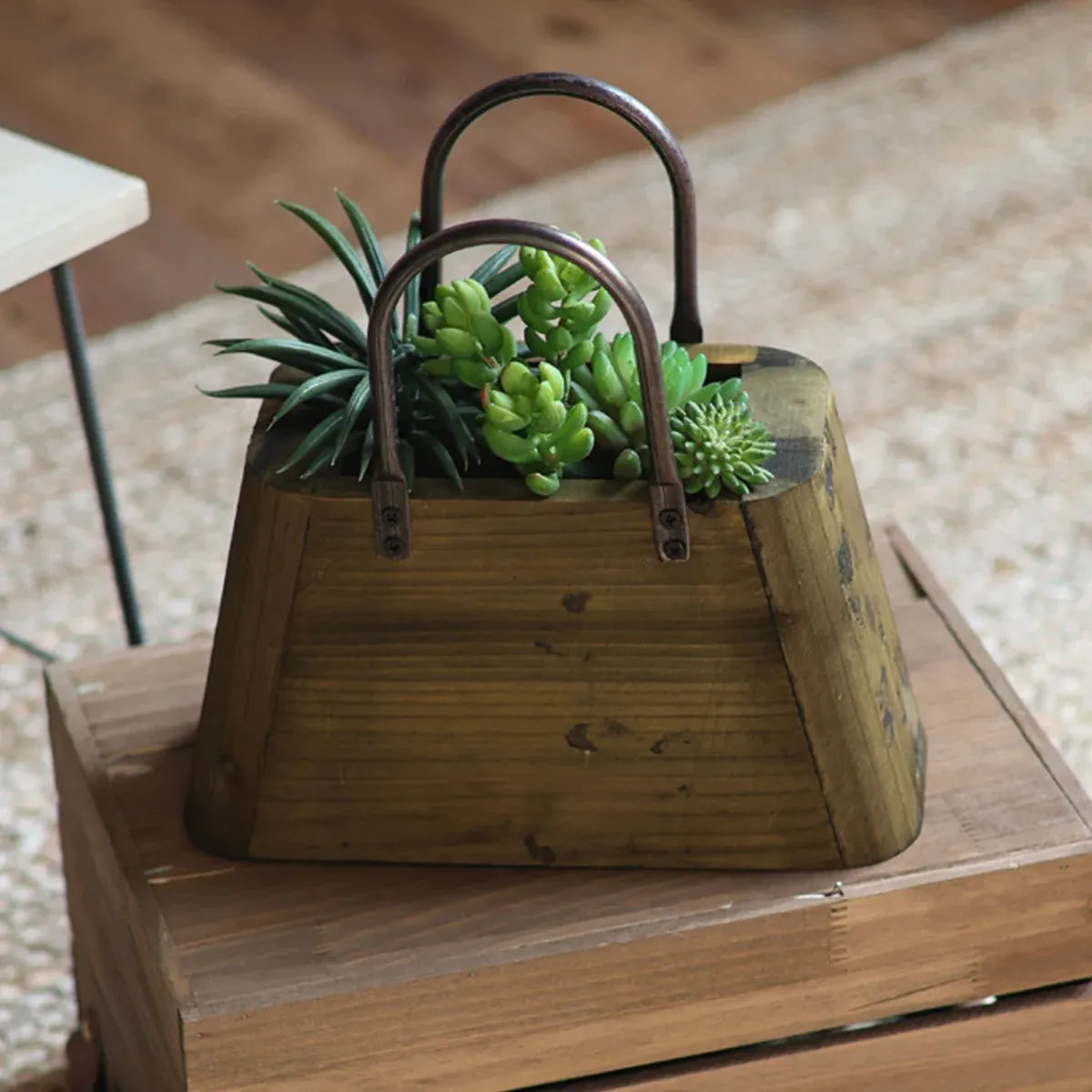 Handbag-Shaped Wooden Planter with Metal Handles, 26 cm