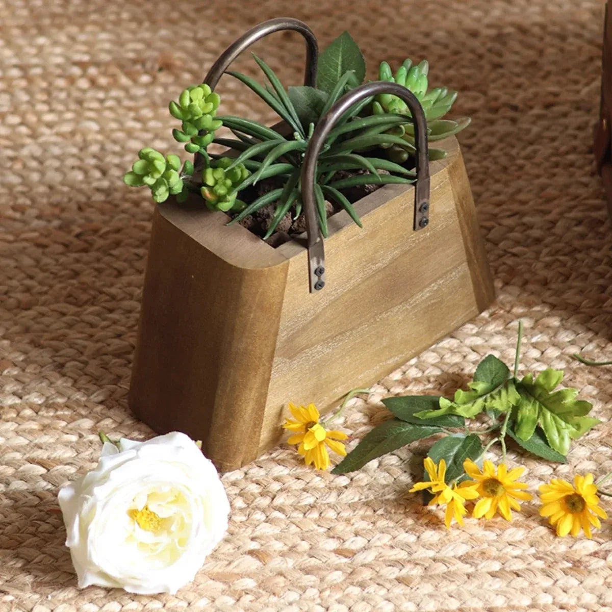 Handbag-Shaped Wooden Planter with Metal Handles, 26 cm
