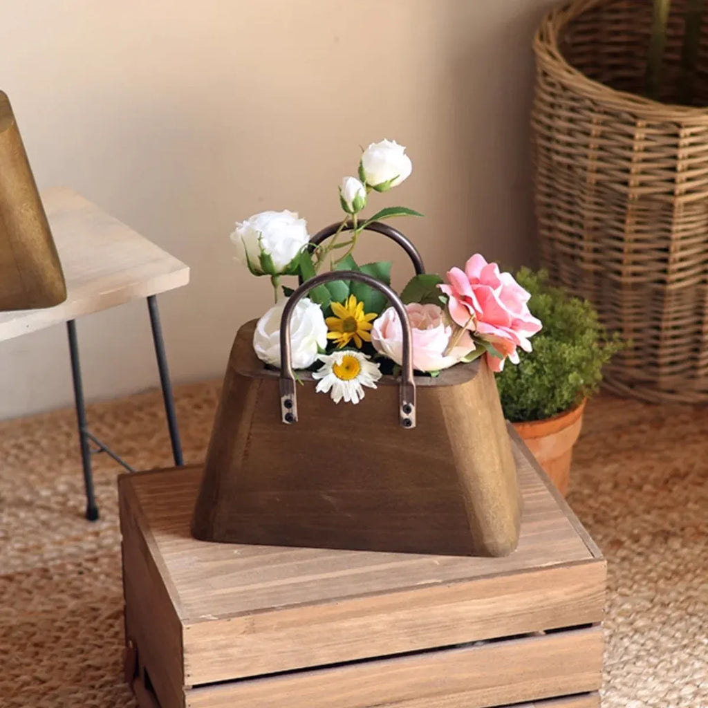 Handbag-Shaped Wooden Planter with Metal Handles, 26 cm