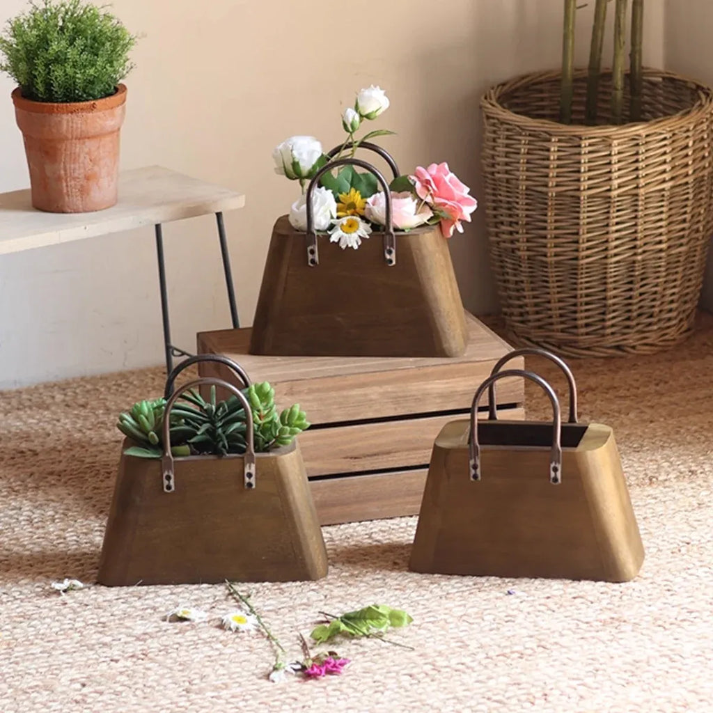 Handbag-Shaped Wooden Planter with Metal Handles, 26 cm
