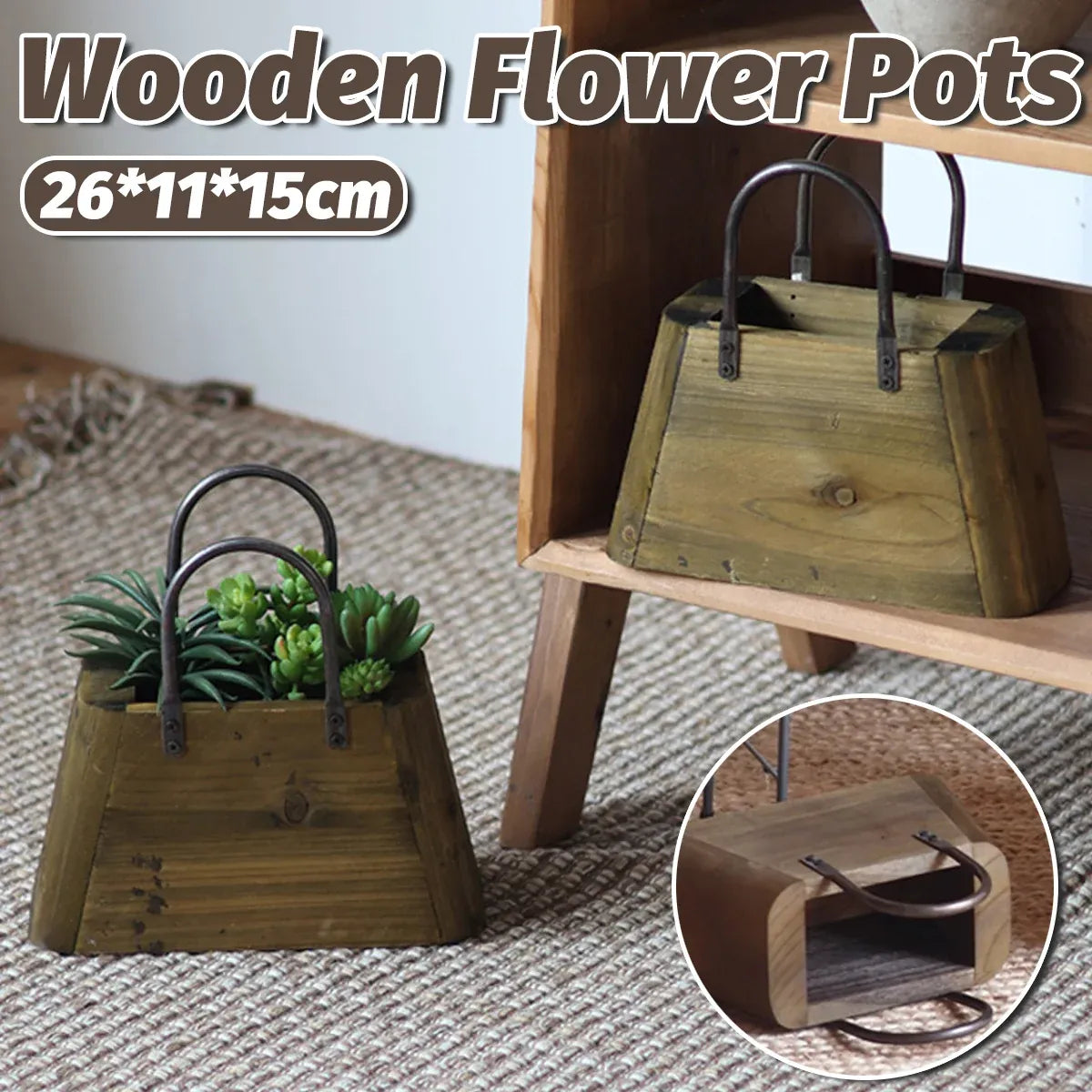 Handbag-Shaped Wooden Planter with Metal Handles, 26 cm