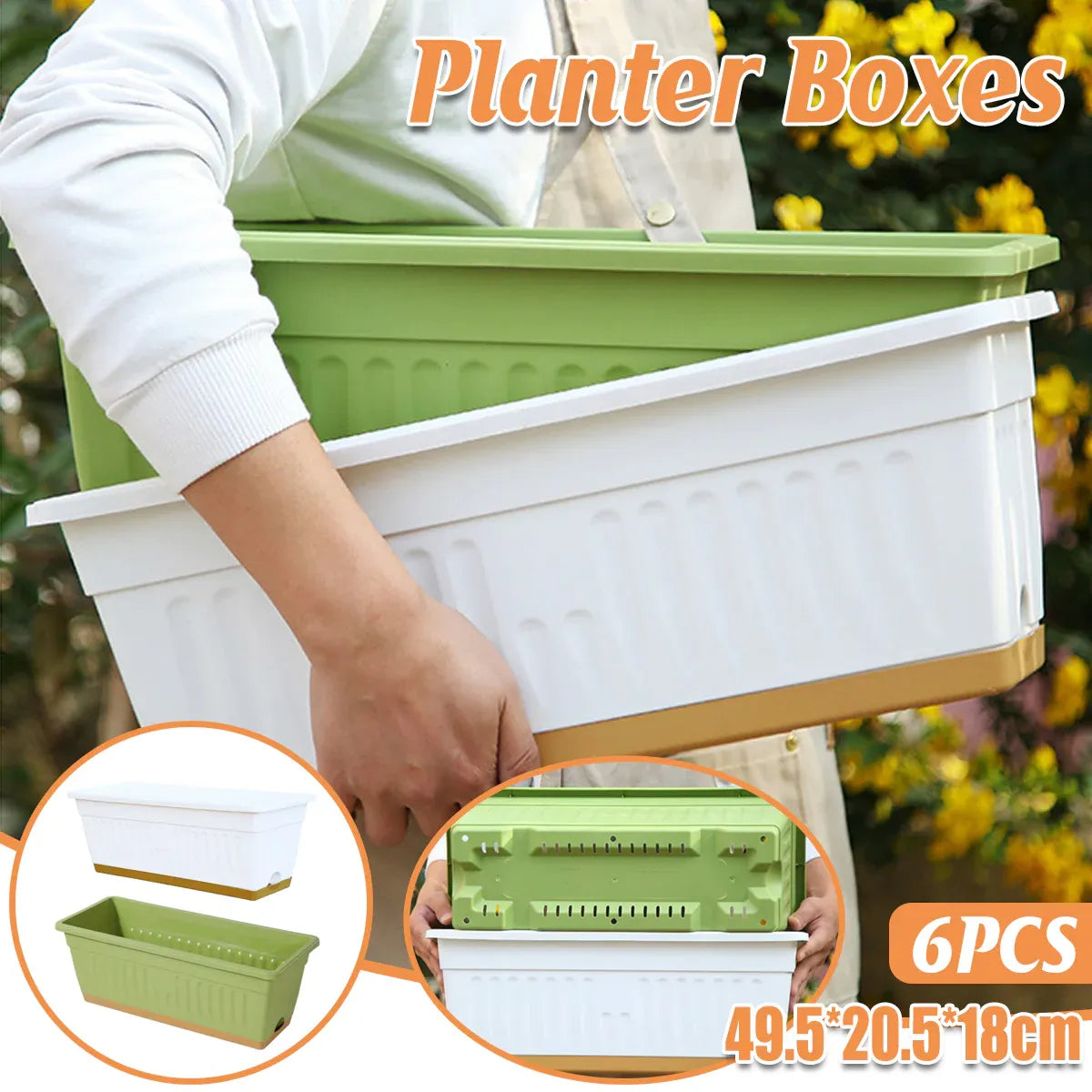 Rectangular Balcony Planter Boxes, 6 Pack – Green & White