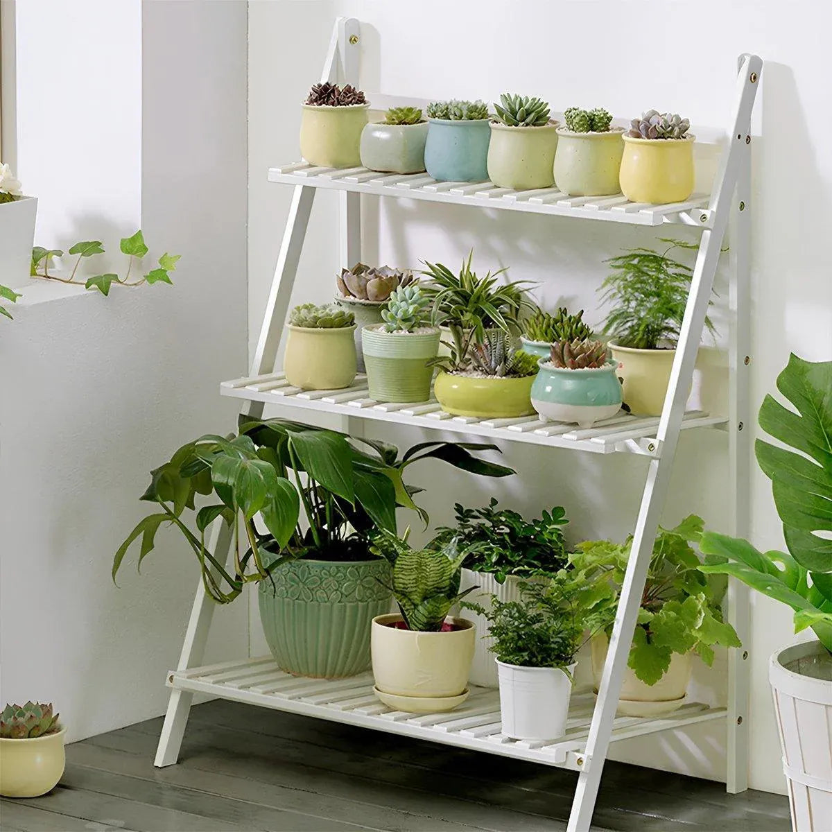 3-Tier Folding Wooden Corner Plant Stand – White