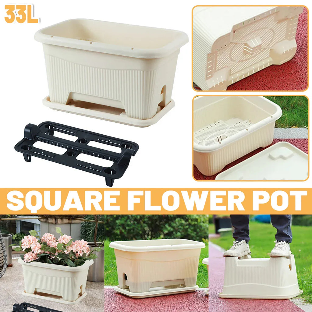 Rectangular Planter Box with Drainage Tray, 33L – Beige