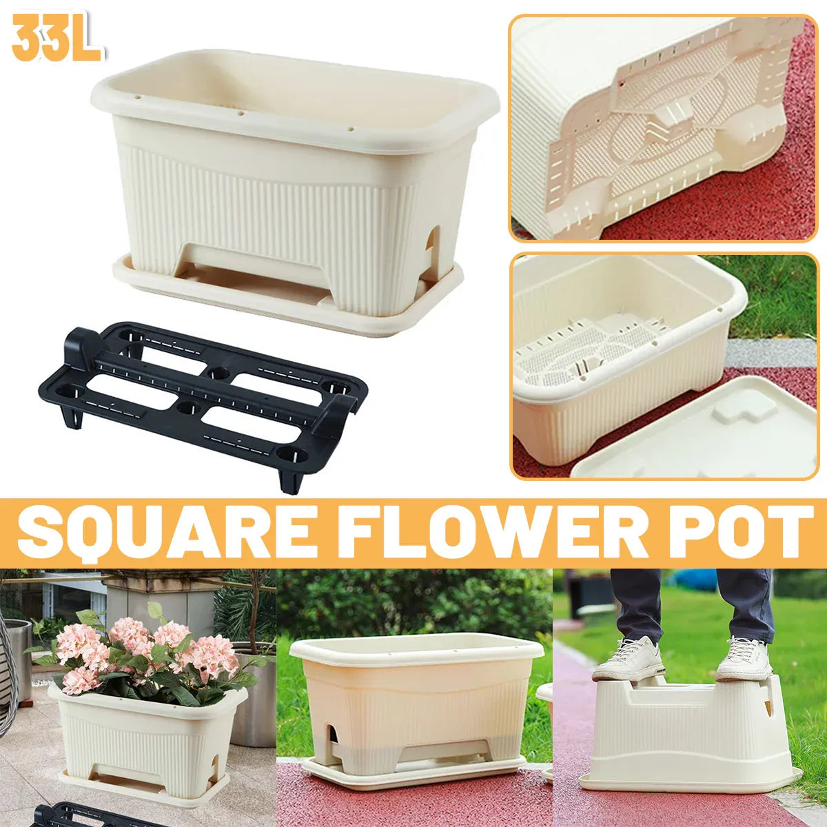 Rectangular Planter Box with Drainage Tray, 33L – Beige