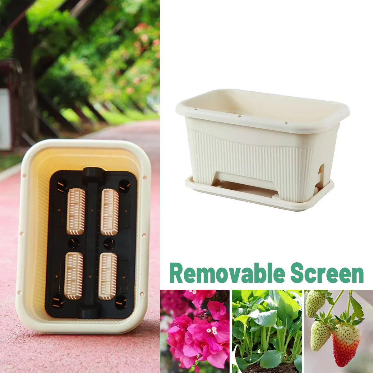 Rectangular Planter Box with Drainage Tray, 33L – Beige