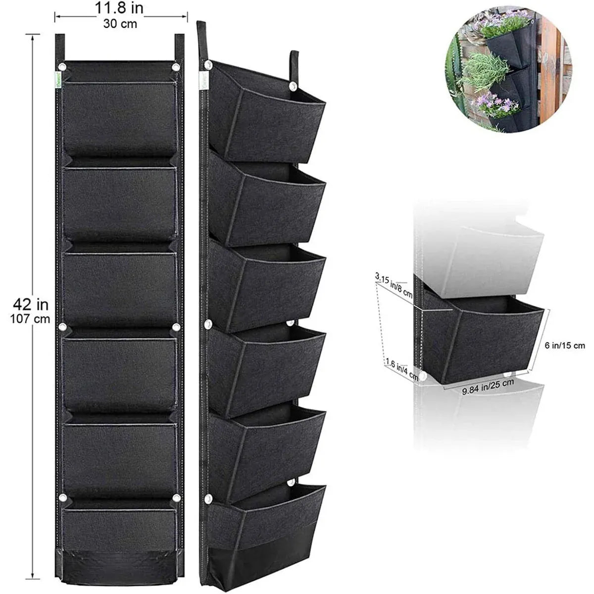 6-Pocket Felt Wall Planter, 107 x 30 cm – Black
