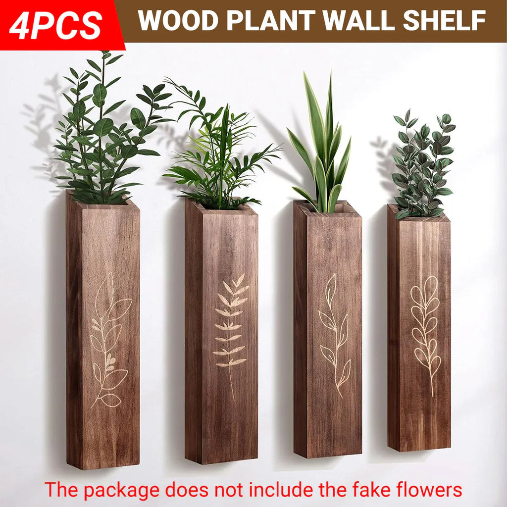 Wooden Wall Plant Shelves with Leaf Carving – Set of 4