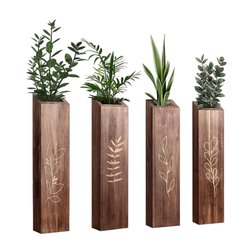 Wooden Wall Plant Shelves with Leaf Carving – Set of 4
