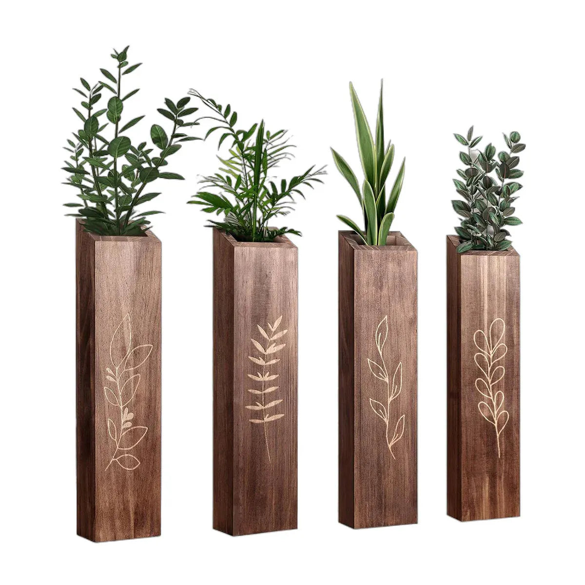Wooden Wall Plant Shelves with Leaf Carving – Set of 4