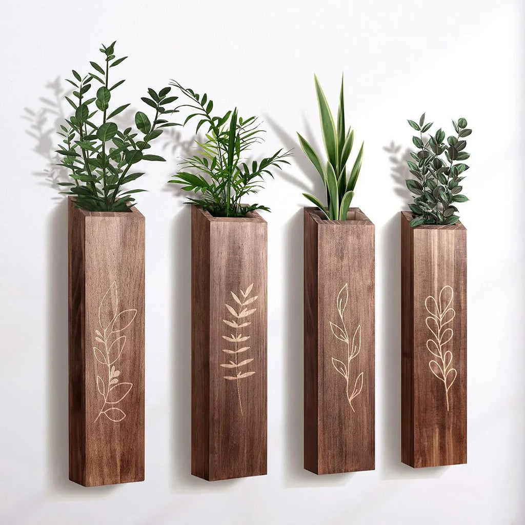 Wooden Wall Plant Shelves with Leaf Carving – Set of 4