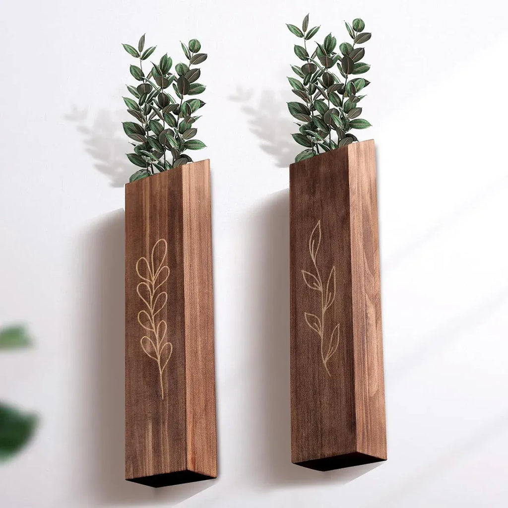 Wooden Wall Plant Shelves with Leaf Carving – Set of 4