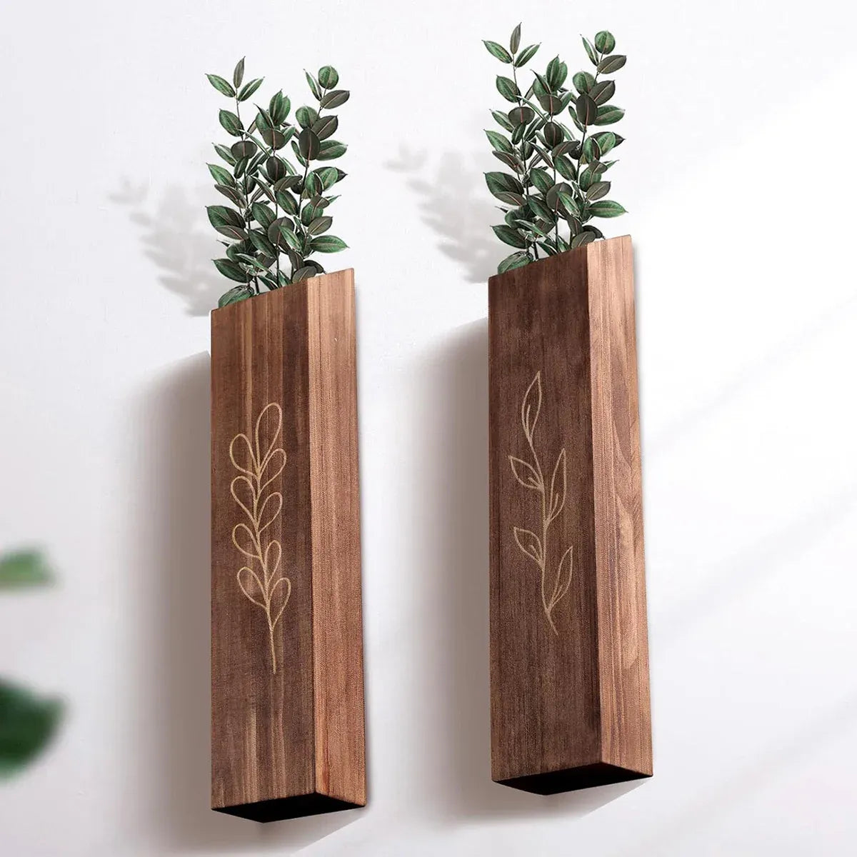 Wooden Wall Plant Shelves with Leaf Carving – Set of 4