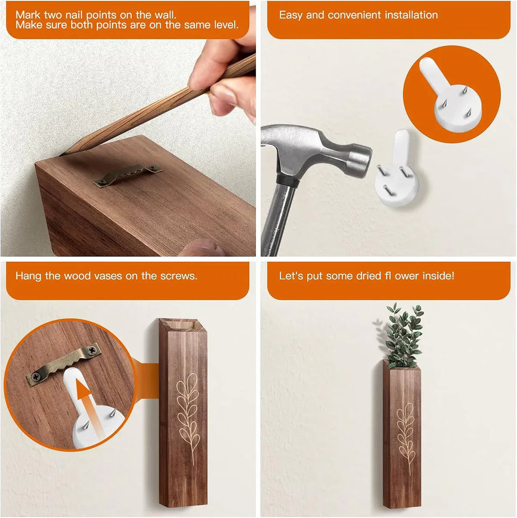 Wooden Wall Plant Shelves with Leaf Carving – Set of 4