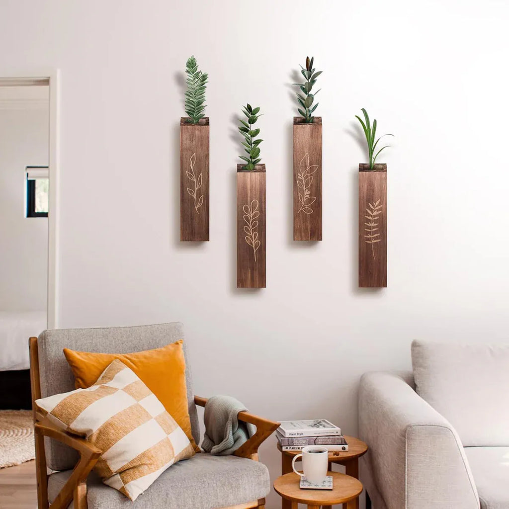 Wooden Wall Plant Shelves with Leaf Carving – Set of 4